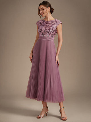 Short Sleeve Cap Sequin Round Neck A-Line Tea Length Wedding Guest Dresses