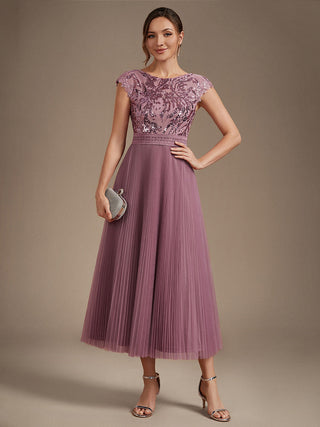 Short Sleeve Cap Sequin Round Neck A-Line Tea Length Wedding Guest Dresses