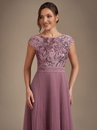 Short Sleeve Cap Sequin Round Neck A-Line Tea Length Wedding Guest Dresses