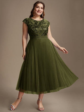 Short Sleeve Cap Sequin Round Neck A-Line Tea Length Wedding Guest Dresses