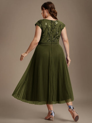Short Sleeve Cap Sequin Round Neck A-Line Tea Length Wedding Guest Dresses