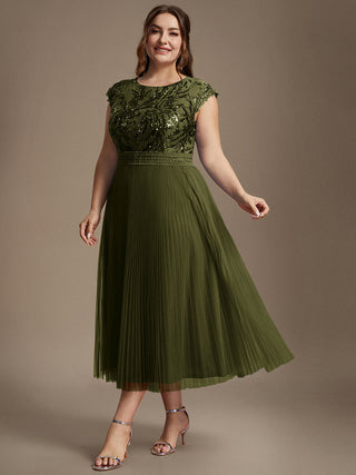 Short Sleeve Cap Sequin Round Neck A-Line Tea Length Wedding Guest Dresses