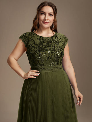 Short Sleeve Cap Sequin Round Neck A-Line Tea Length Wedding Guest Dresses