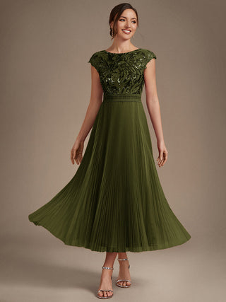 Short Sleeve Cap Sequin Round Neck A-Line Tea Length Wedding Guest Dresses