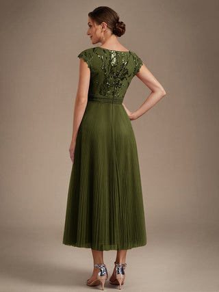 Short Sleeve Cap Sequin Round Neck A-Line Tea Length Wedding Guest Dresses