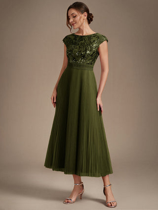Short Sleeve Cap Sequin Round Neck A-Line Tea Length Wedding Guest Dresses