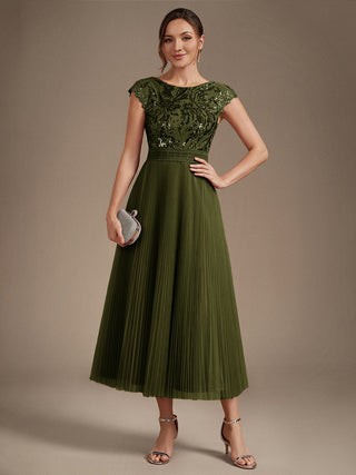 Short Sleeve Cap Sequin Round Neck A-Line Tea Length Wedding Guest Dresses
