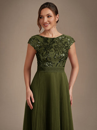 Short Sleeve Cap Sequin Round Neck A-Line Tea Length Wedding Guest Dresses