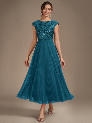 Short Sleeve Cap Sequin Round Neck A-Line Tea Length Wedding Guest Dresses