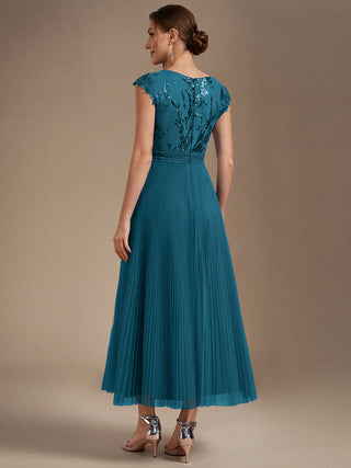 Short Sleeve Cap Sequin Round Neck A-Line Tea Length Wedding Guest Dresses