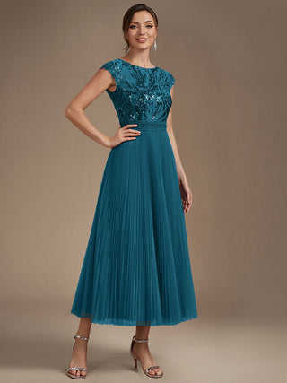 Short Sleeve Cap Sequin Round Neck A-Line Tea Length Wedding Guest Dresses