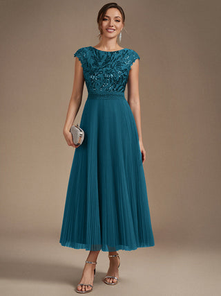 Short Sleeve Cap Sequin Round Neck A-Line Tea Length Wedding Guest Dresses
