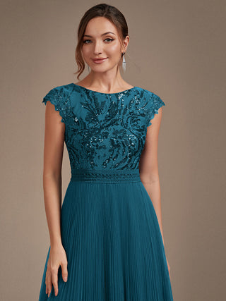 Short Sleeve Cap Sequin Round Neck A-Line Tea Length Wedding Guest Dresses