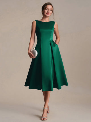 Strapless Boat Neck Ball-Gown Midi Dress with Pockets Wedding Guest Dresses
