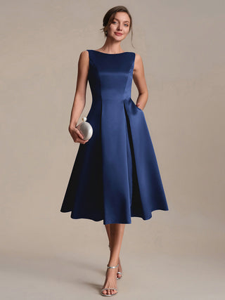Strapless Boat Neck Ball-Gown Midi Dress with Pockets Wedding Guest Dresses