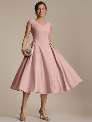Short Sleeve V-Neck Pleated High Stretch Ball Gown Midi Wedding Guest Dresses