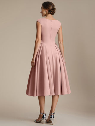 Short Sleeve V-Neck Pleated High Stretch Ball Gown Midi Wedding Guest Dresses