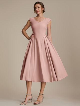 Short Sleeve V-Neck Pleated High Stretch Ball Gown Midi Wedding Guest Dresses