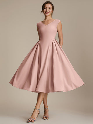 Short Sleeve V-Neck Pleated High Stretch Ball Gown Midi Wedding Guest Dresses