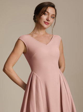 Short Sleeve V-Neck Pleated High Stretch Ball Gown Midi Wedding Guest Dresses
