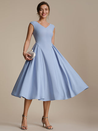Short Sleeve V-Neck Pleated High Stretch Ball Gown Midi Wedding Guest Dresses