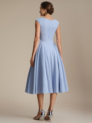 Short Sleeve V-Neck Pleated High Stretch Ball Gown Midi Wedding Guest Dresses