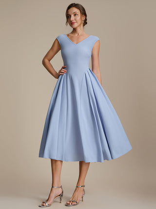 Short Sleeve V-Neck Pleated High Stretch Ball Gown Midi Wedding Guest Dresses