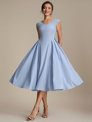 Short Sleeve V-Neck Pleated High Stretch Ball Gown Midi Wedding Guest Dresses