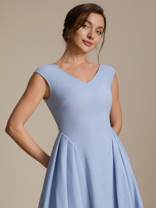 Short Sleeve V-Neck Pleated High Stretch Ball Gown Midi Wedding Guest Dresses