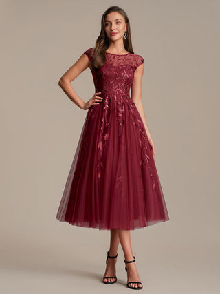 Cap Sleeve See-through Patchwork A-Line Tea Length Wedding Guest Dresses