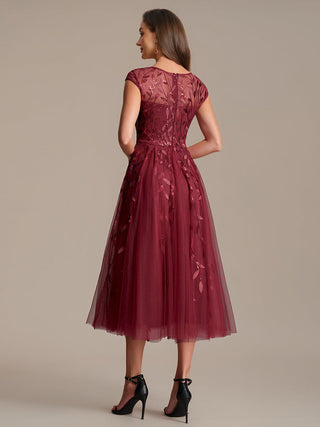 Cap Sleeve See-through Patchwork A-Line Tea Length Wedding Guest Dresses