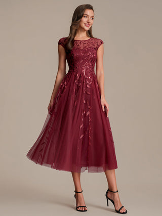 Cap Sleeve See-through Patchwork A-Line Tea Length Wedding Guest Dresses
