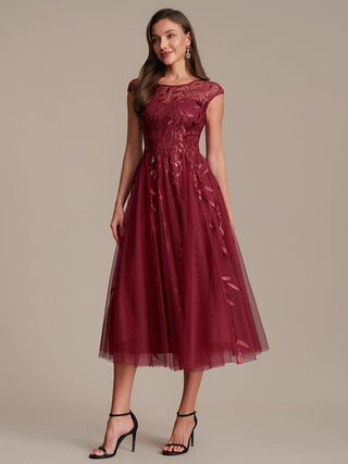 Cap Sleeve See-through Patchwork A-Line Tea Length Wedding Guest Dresses