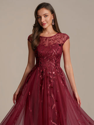 Cap Sleeve See-through Patchwork A-Line Tea Length Wedding Guest Dresses