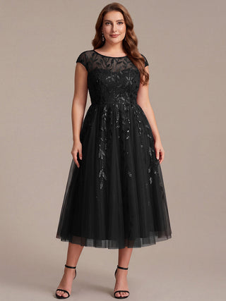 Cap Sleeve See-through Patchwork A-Line Tea Length Wedding Guest Dresses