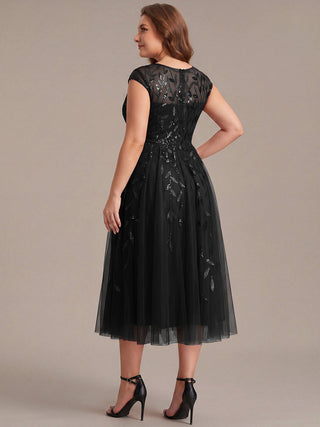 Cap Sleeve See-through Patchwork A-Line Tea Length Wedding Guest Dresses