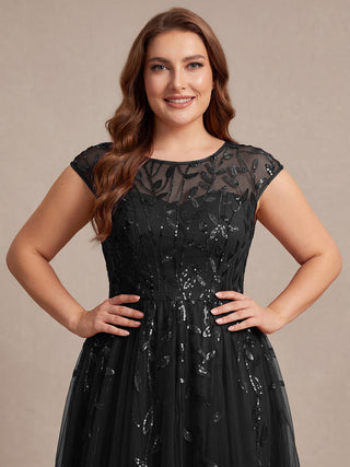 Cap Sleeve See-through Patchwork A-Line Tea Length Wedding Guest Dresses