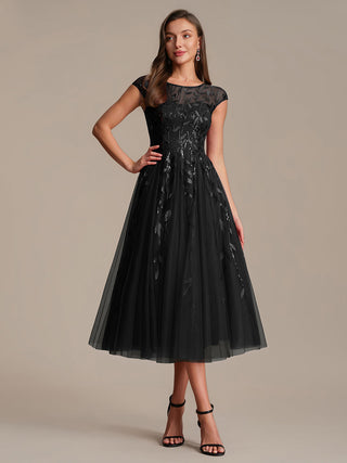 Cap Sleeve See-through Patchwork A-Line Tea Length Wedding Guest Dresses