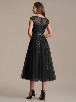 Cap Sleeve See-through Patchwork A-Line Tea Length Wedding Guest Dresses
