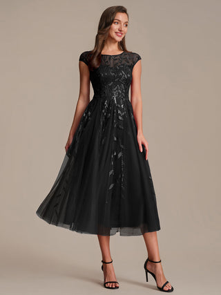 Cap Sleeve See-through Patchwork A-Line Tea Length Wedding Guest Dresses