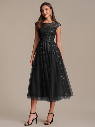 Cap Sleeve See-through Patchwork A-Line Tea Length Wedding Guest Dresses