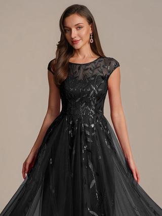 Cap Sleeve See-through Patchwork A-Line Tea Length Wedding Guest Dresses