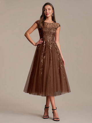 Cap Sleeve See-through Patchwork A-Line Tea Length Wedding Guest Dresses