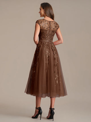 Cap Sleeve See-through Patchwork A-Line Tea Length Wedding Guest Dresses
