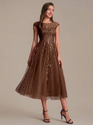 Cap Sleeve See-through Patchwork A-Line Tea Length Wedding Guest Dresses