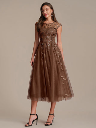 Cap Sleeve See-through Patchwork A-Line Tea Length Wedding Guest Dresses