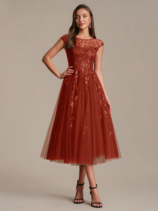 Cap Sleeve See-through Patchwork A-Line Tea Length Wedding Guest Dresses