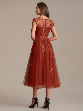 Cap Sleeve See-through Patchwork A-Line Tea Length Wedding Guest Dresses