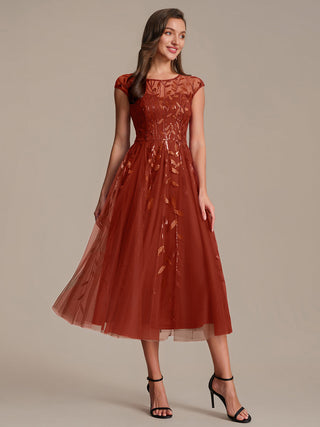 Cap Sleeve See-through Patchwork A-Line Tea Length Wedding Guest Dresses