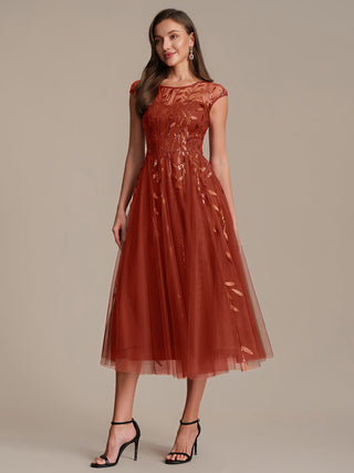 Cap Sleeve See-through Patchwork A-Line Tea Length Wedding Guest Dresses